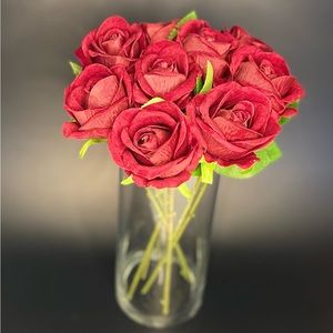 Timeless Romance: 9 Stems Red Rose Faux Flower Centerpiece in Glass Vase